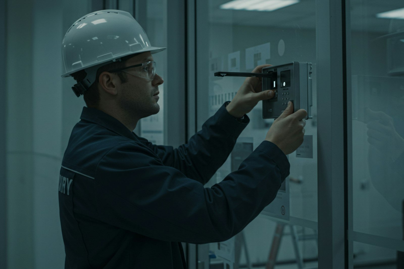 Engineer in a hard hat working at a panel