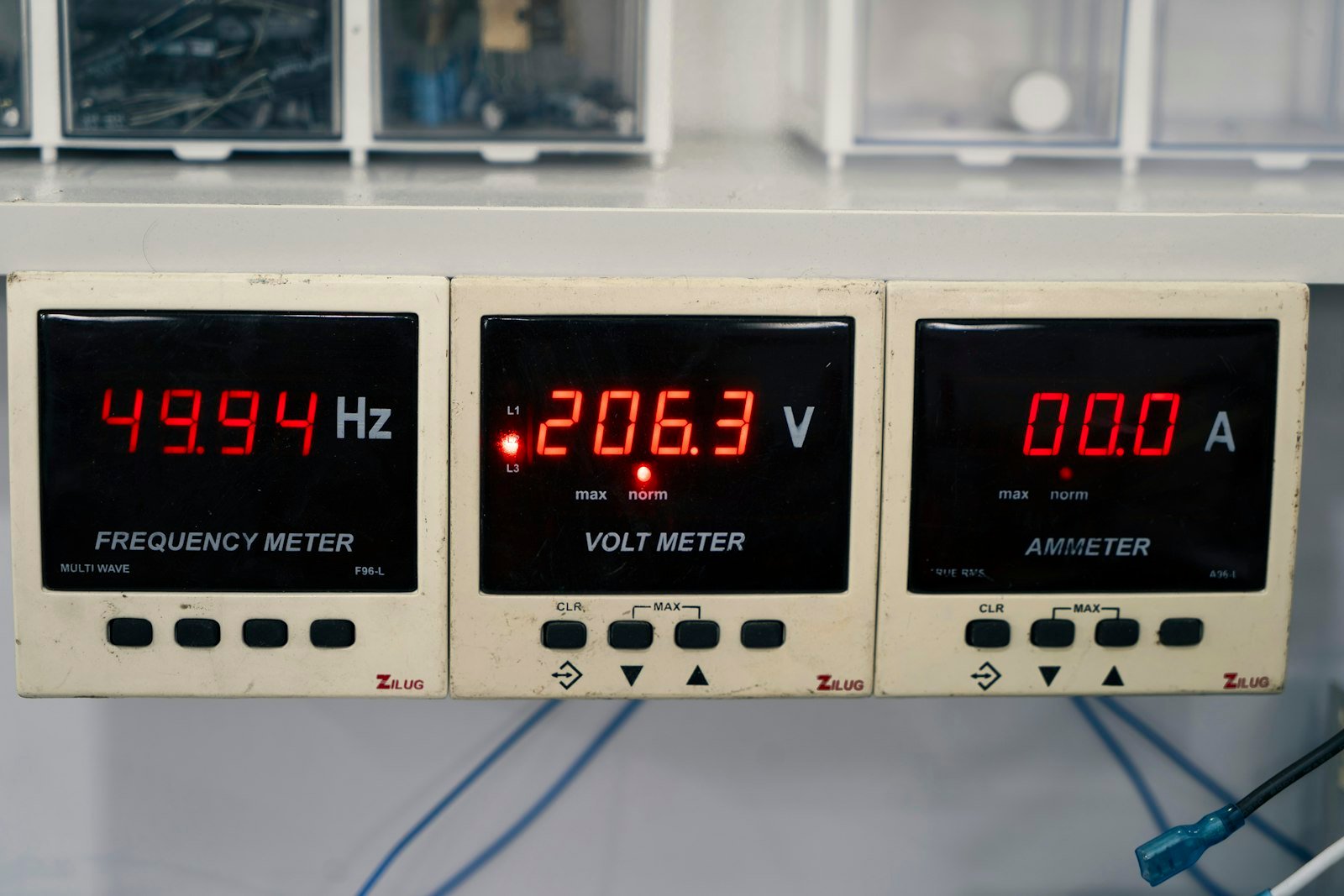 Panel meters showing frequency, voltage and current