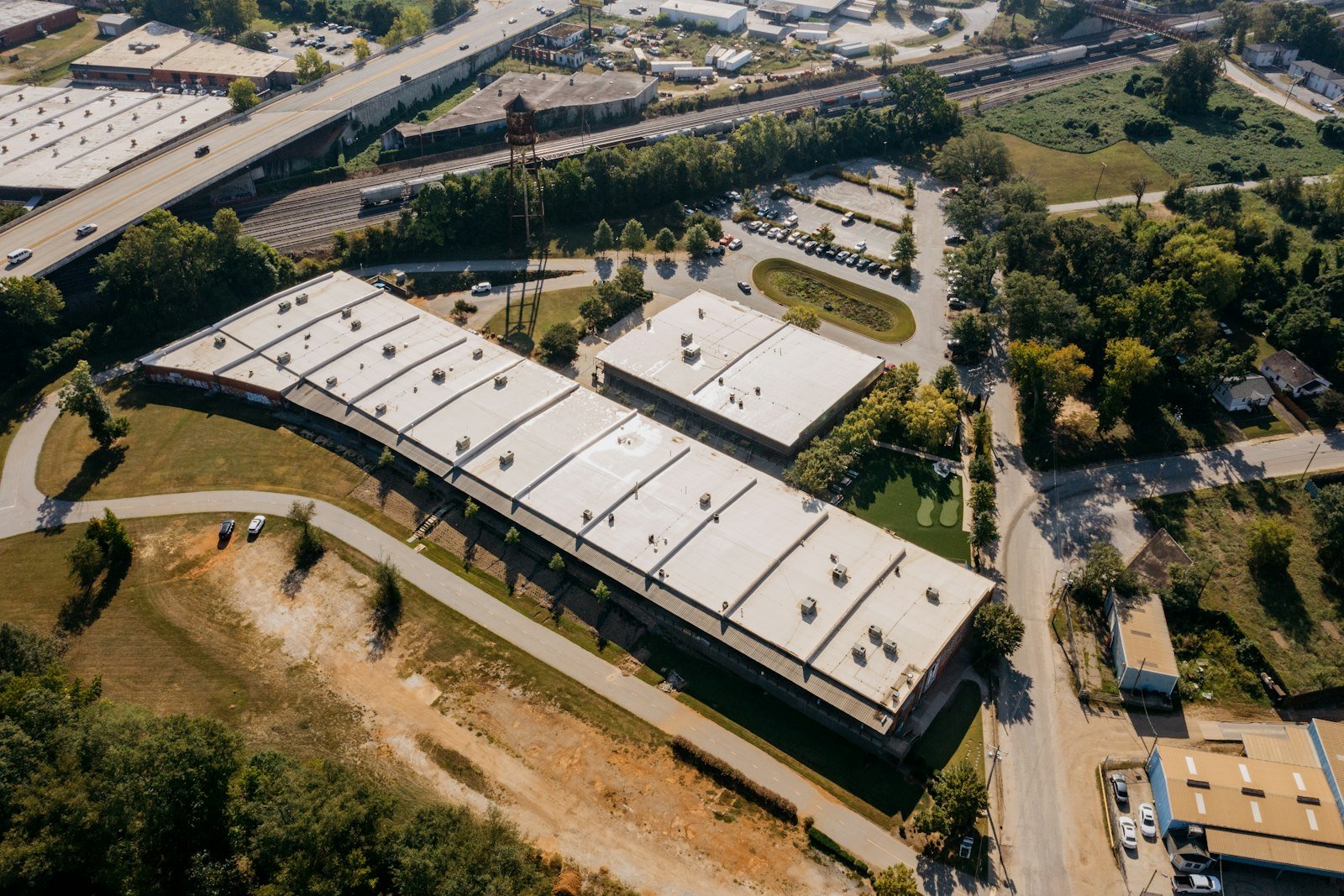 Aerial view of warehouse roofs