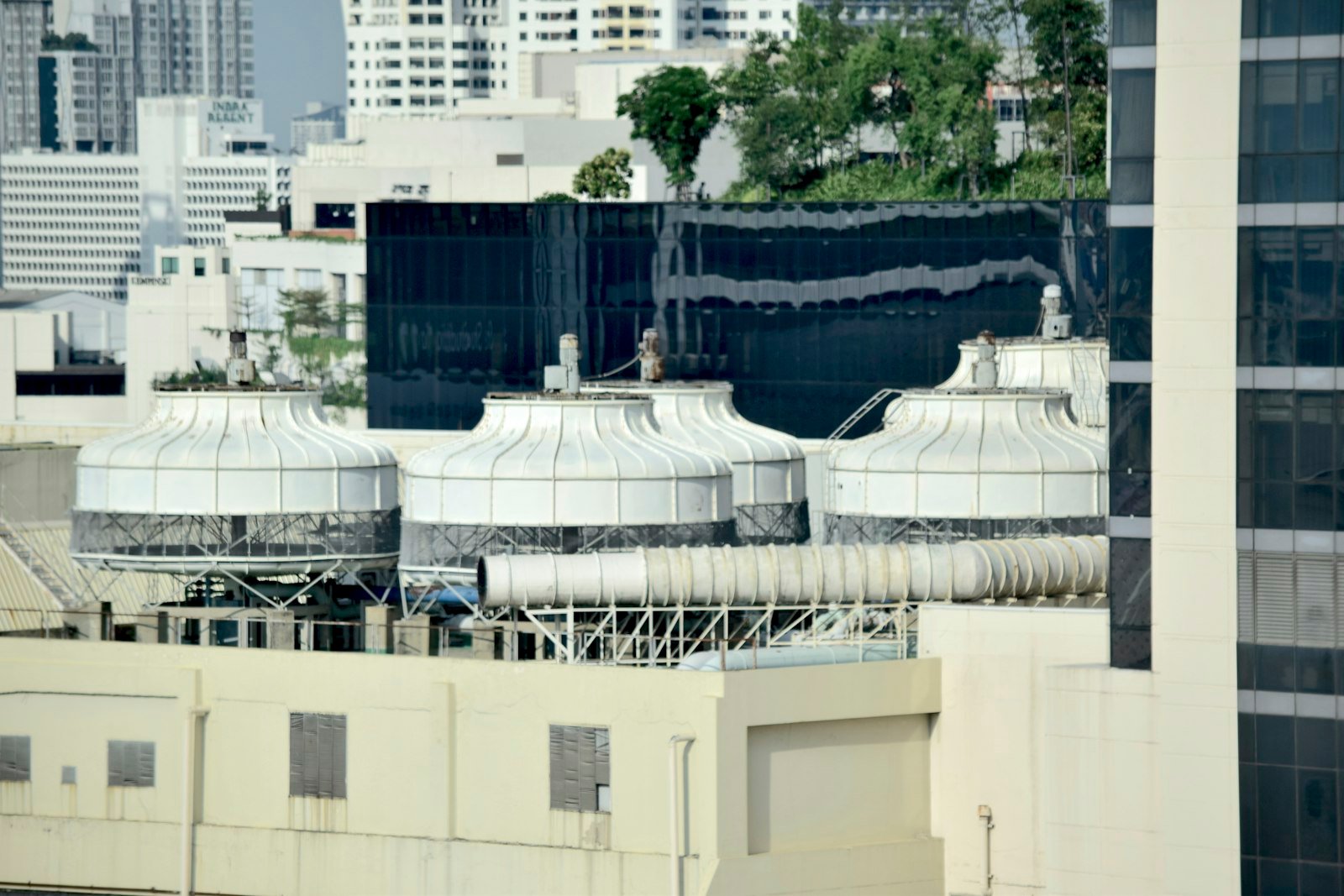 Rooftop cooling towers in a city