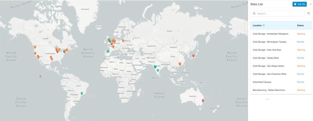 The Aqueduct site map: every site in a portfolio, with live status for each one.