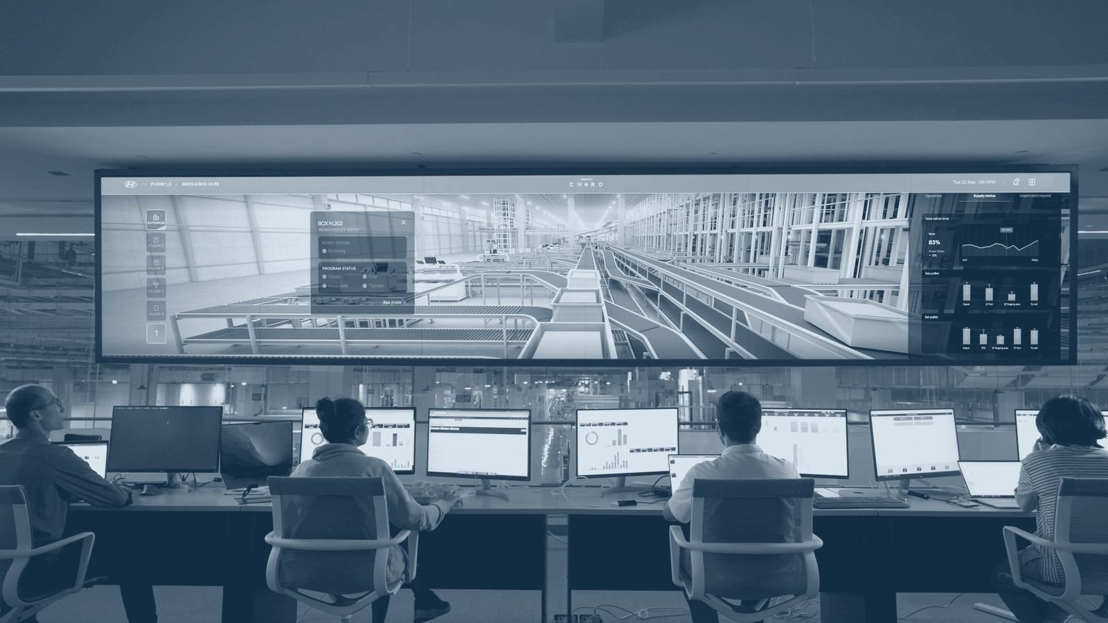 A monitoring room with large screens showing live operational data