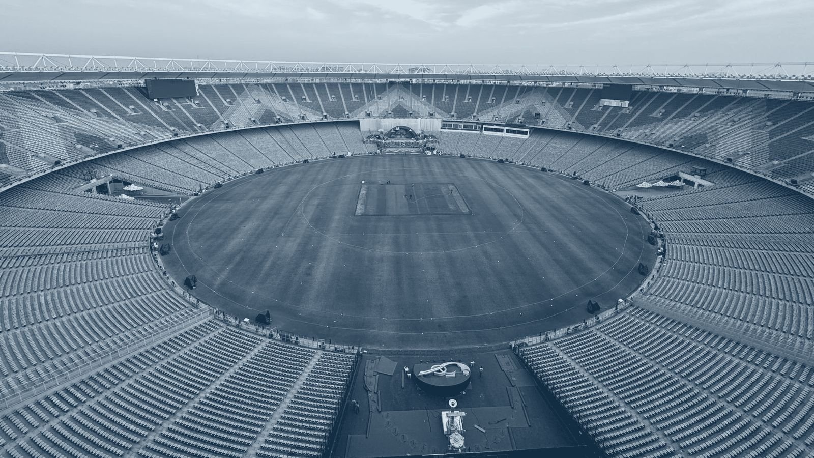 Wide aerial view of a large cricket stadium